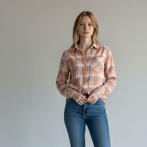 J Crew Factory Button Front Peach White Plaid Shirt Size XS